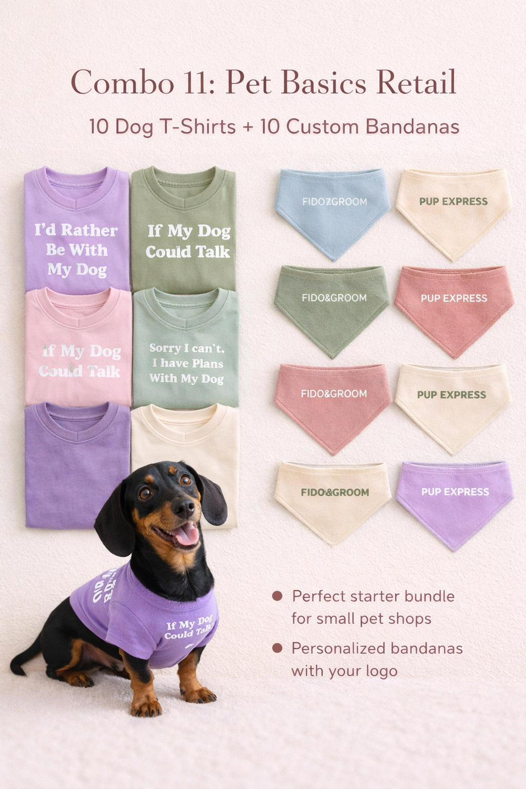 Pet Basics Retail – 10 Dog T-Shirts + 10 Custom Bandanas (Mixed Sizes)