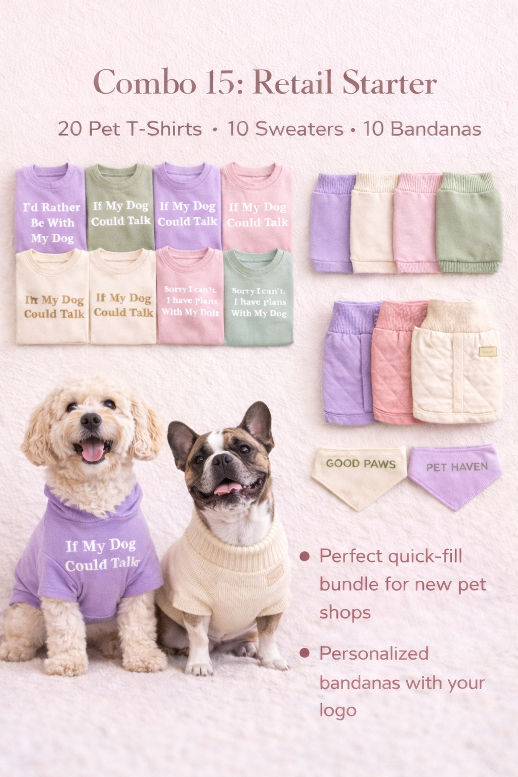 Retail Starter – 20 Pet T-Shirts, 10 Sweaters, 10 Bandanas