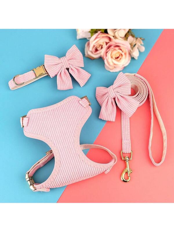 Luxury Corduroy Pet Set: Harness, Bowtie Collar & Leash Combo