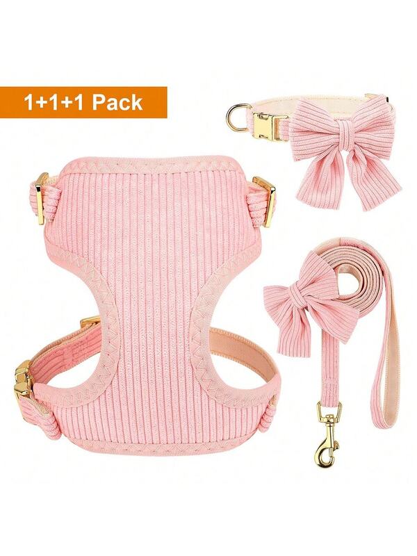 Luxury Corduroy Pet Set: Harness, Bowtie Collar & Leash Combo