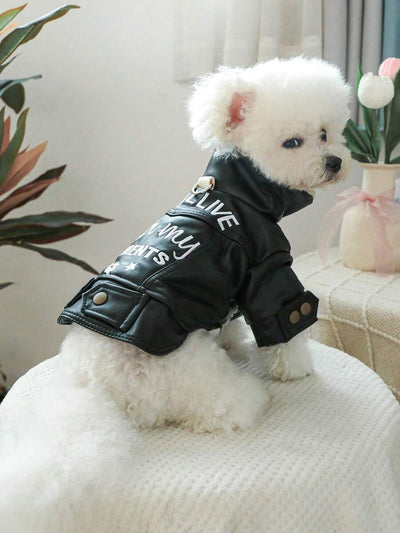 Black Faux Fur Fleece Lined Embroidery Pet Jacket Friendly with Leash Autumn/Winter