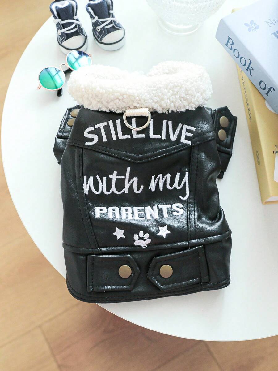 Black Faux Fur Fleece Lined Embroidery Pet Jacket Friendly with Leash Autumn/Winter