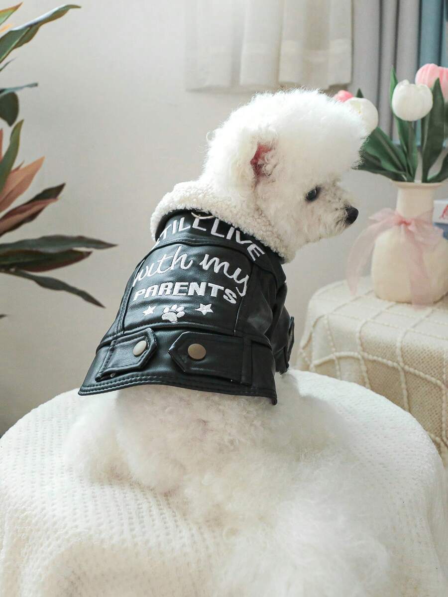 Black Faux Fur Fleece Lined Embroidery Pet Jacket Friendly with Leash Autumn/Winter