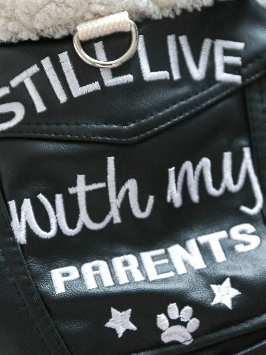 Black Faux Fur Fleece Lined Embroidery Pet Jacket Friendly with Leash Autumn/Winter