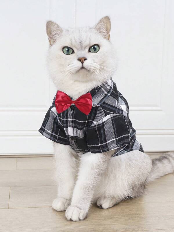 Gentleman’s Plaid Shirt: Black & White Tuxedo with Red Bowtie