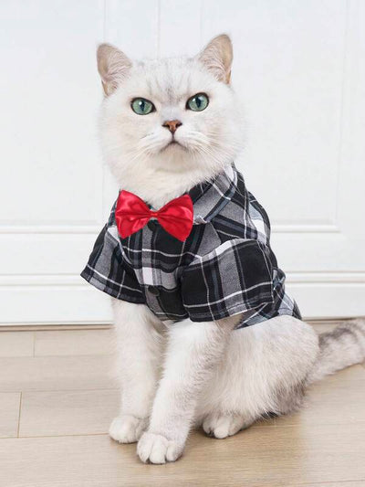 Gentleman’s Plaid Shirt: Black & White Tuxedo with Red Bowtie