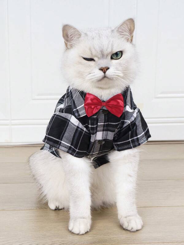Gentleman’s Plaid Shirt: Black & White Tuxedo with Red Bowtie