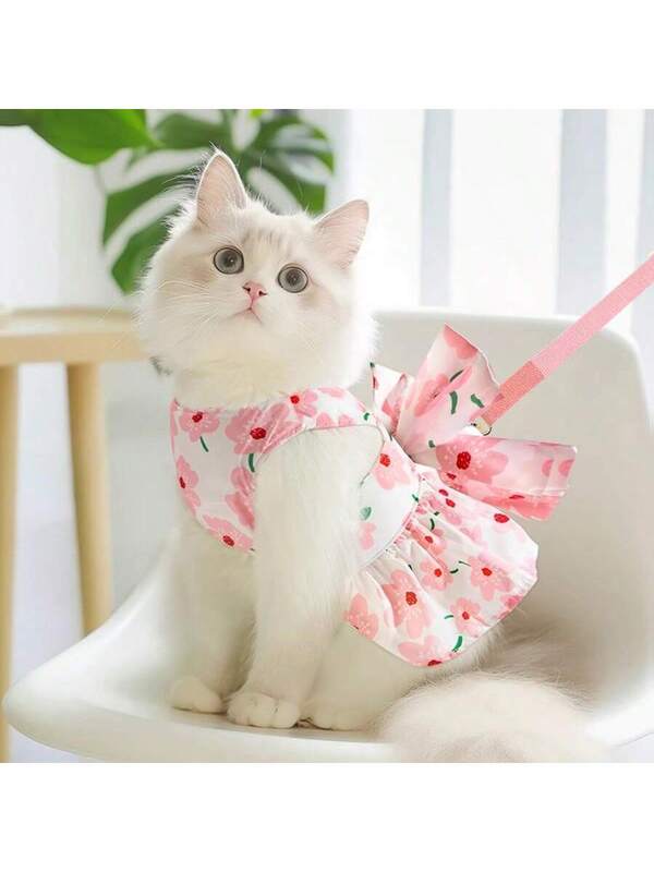 Princess style pet dress with leash (kittens/puppies), suitable for Munchkin, Ragdoll, Scottish Fold, Poodle, Samoyed, with built-in leash.