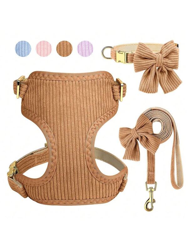 Luxury Corduroy Pet Set: Harness, Bowtie Collar & Leash Combo