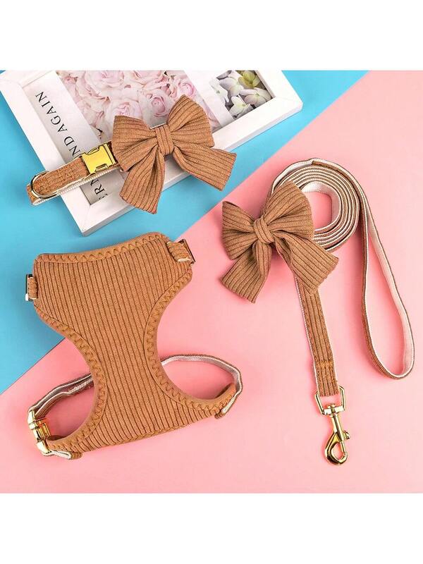 Luxury Corduroy Pet Set: Harness, Bowtie Collar & Leash Combo