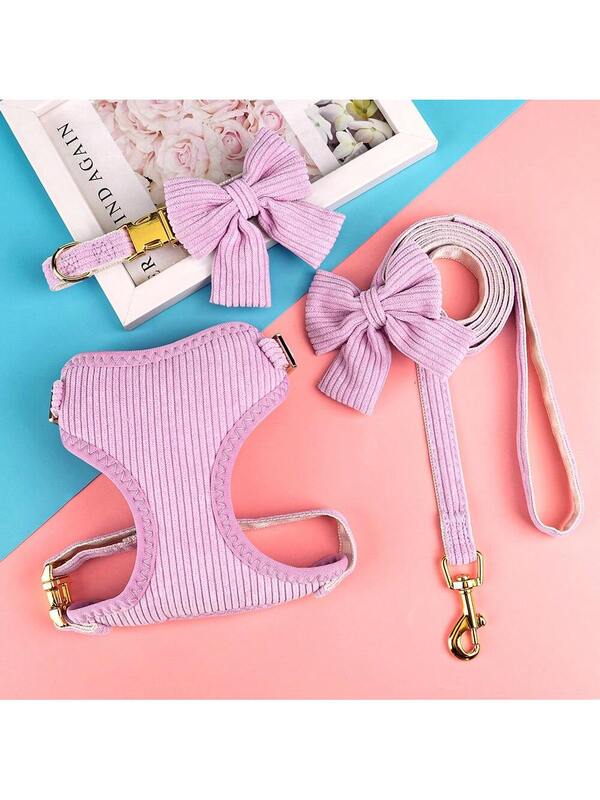 Luxury Corduroy Pet Set: Harness, Bowtie Collar & Leash Combo