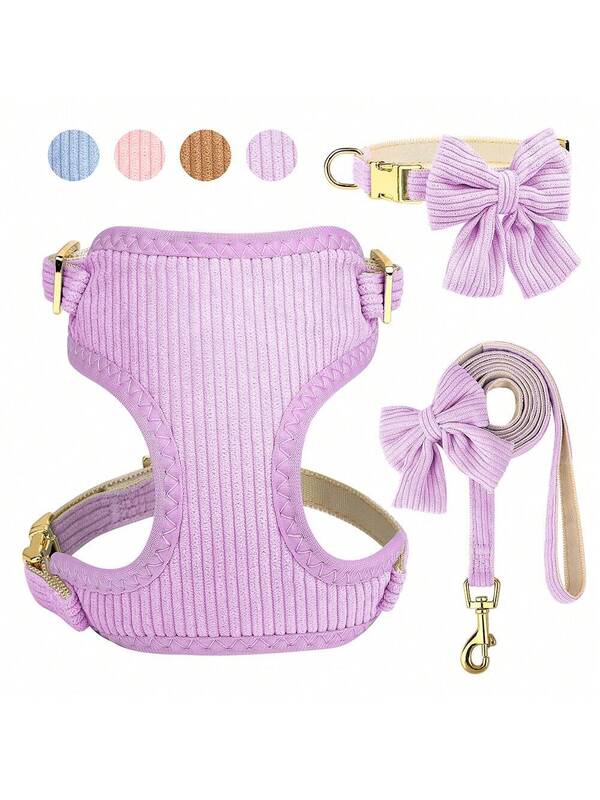 Luxury Corduroy Pet Set: Harness, Bowtie Collar & Leash Combo