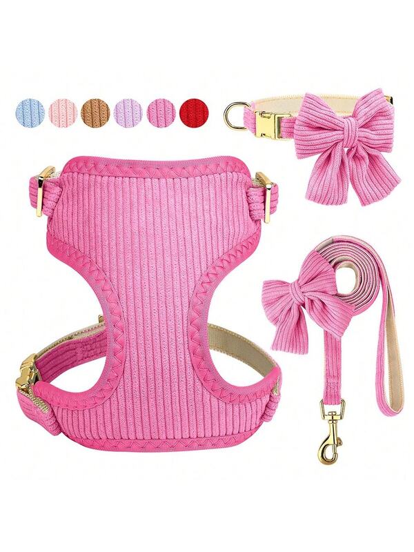 Luxury Corduroy Pet Set: Harness, Bowtie Collar & Leash Combo