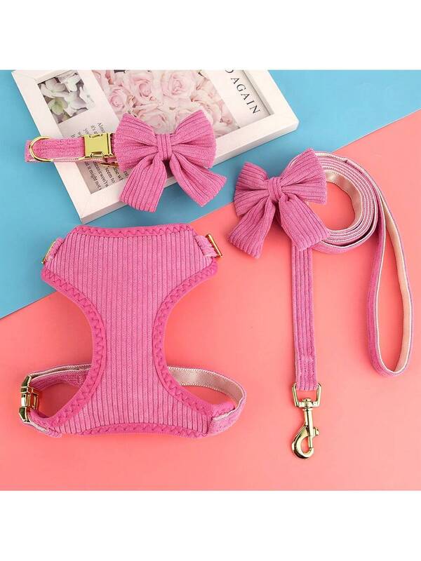 Luxury Corduroy Pet Set: Harness, Bowtie Collar & Leash Combo